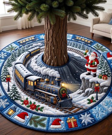 Blue Night Train Santa Express Tree Skirt — Custom Handmade Christmas Train Scene Tree Base Cover, Festive Holiday Village Décor