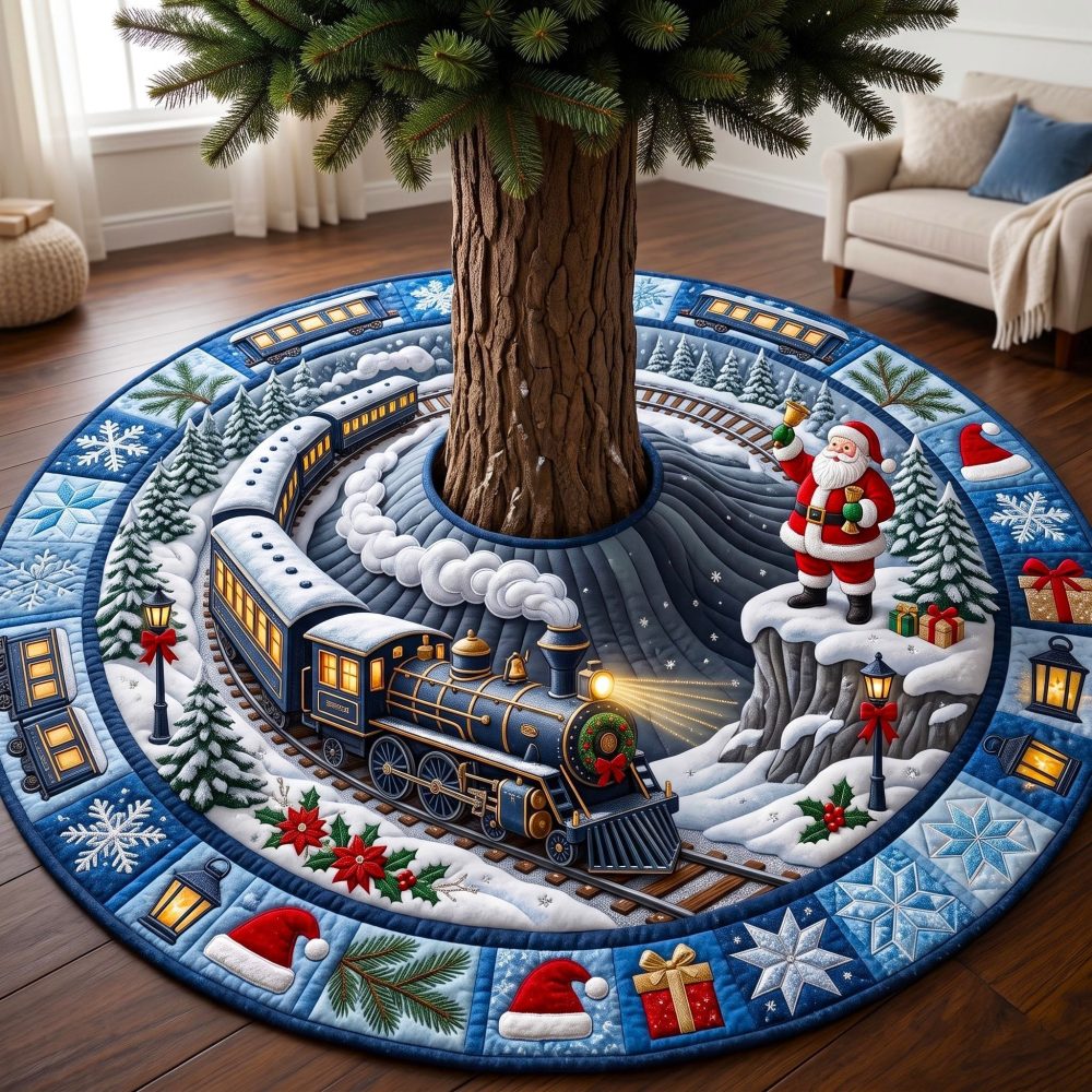 Blue Night Train Santa Express Tree Skirt — Custom Handmade Christmas Train Scene Tree Base Cover, Festive Holiday Village Décor