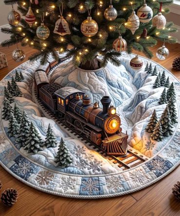 Snow Canyon Express Train Tree Skirt — Festive Winter Train Scene, Custom-Made Embroidered Holiday Skirt, Durable Soft Fabric Options