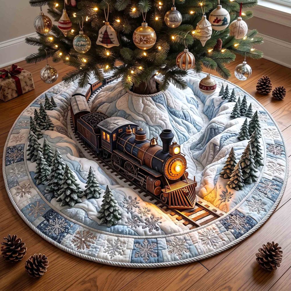 Snow Canyon Express Train Tree Skirt — Festive Winter Train Scene, Custom-Made Embroidered Holiday Skirt, Durable Soft Fabric Options