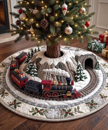 Red Village Train Christmas Tree Skirt - Handmade Festive Holiday Tree Base With Vintage Train Scene, Custom-Made