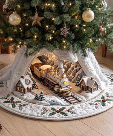 Handmade Cream Knit Snow Tunnel Christmas Tree Skirt - Custom-Made Holiday Tree Base Cover For Elegant Seasonal Decor