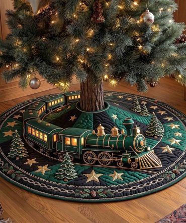 Emerald Star Green Locomotive Tree Skirt — Festive Green Train Design With Star Accents, Custom Sizes, Premium Holiday Base Cover