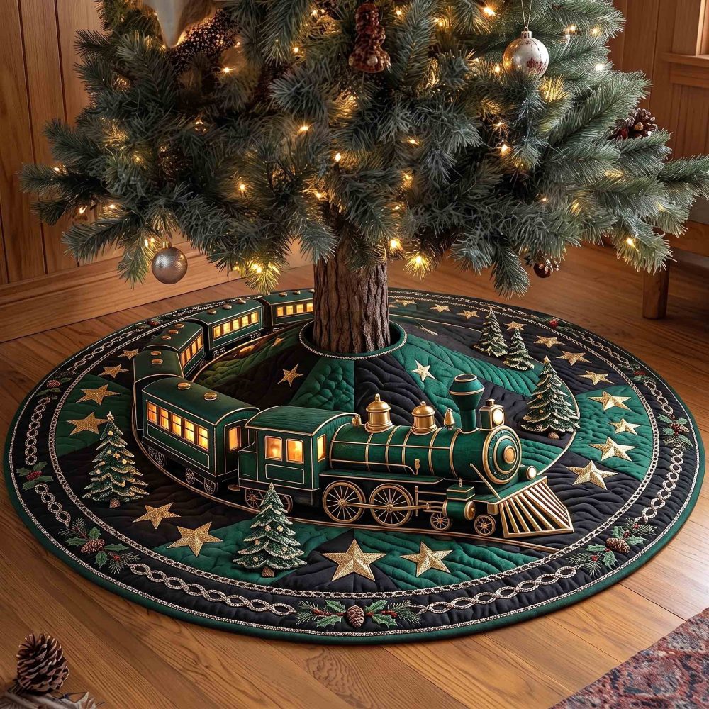 Emerald Star Green Locomotive Tree Skirt — Festive Green Train Design With Star Accents, Custom Sizes, Premium Holiday Base Cover