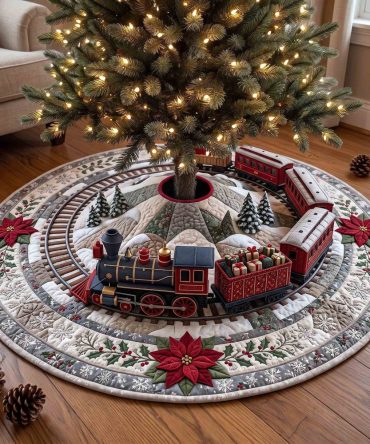 Poinsettia Ring Red Train Tree Skirt — Festive Floral & Locomotive Design, Custom-Made Luxury Holiday Skirt, Soft Plush Fabric Options