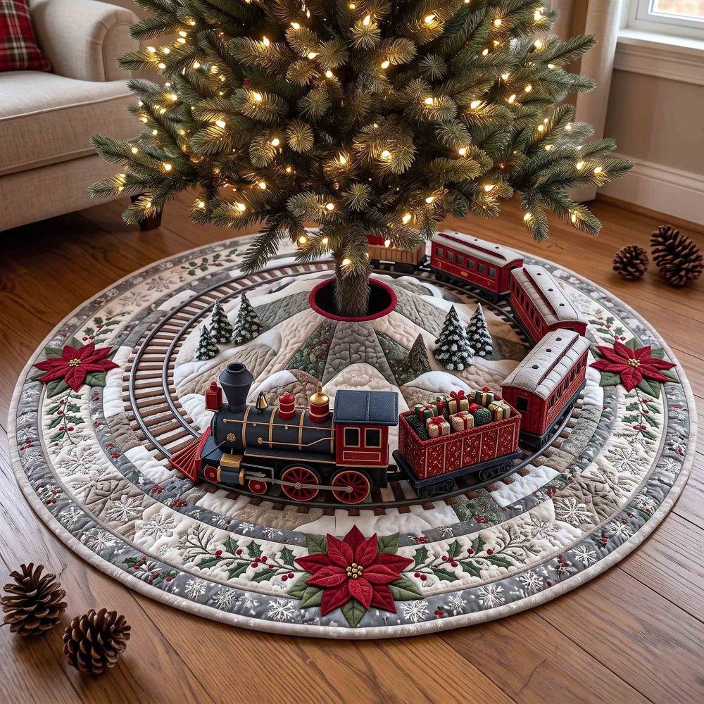 Poinsettia Ring Red Train Tree Skirt — Festive Floral & Locomotive Design, Custom-Made Luxury Holiday Skirt, Soft Plush Fabric Options