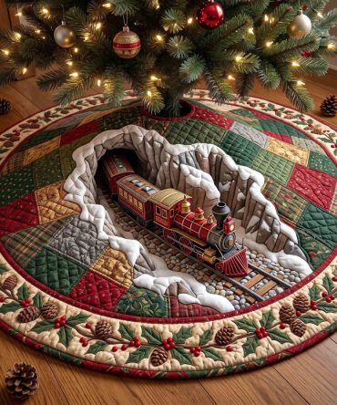 Patchwork Border Snow Train Tree Skirt — Quilted Holiday Train Design, Custom Sizes, Cozy Patchwork Style For Festive Seasonal Decor