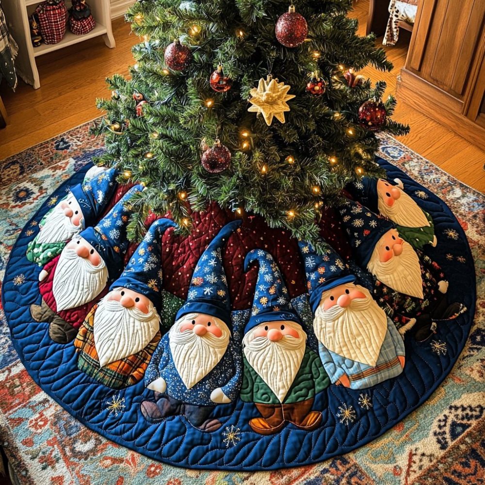 Gnome Adventures Holiday Tree Skirt - Personalized Playful Christmas Skirt, Handcrafted Gnome Design, Multiple Sizes