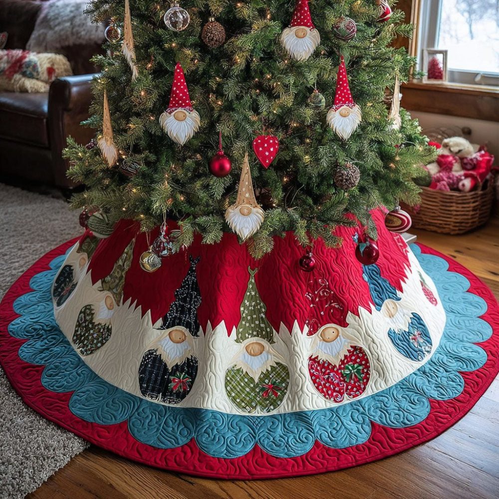 Holiday Gnome Parade Tree Skirt - Custom Festive Gnome-Themed Christmas Tree Skirt, Handmade Seasonal Accent