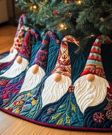 Whimsical Holiday Gnomes Tree Skirt - Personalized Gnome Christmas Tree Skirt, Handmade Cute Holiday Decor