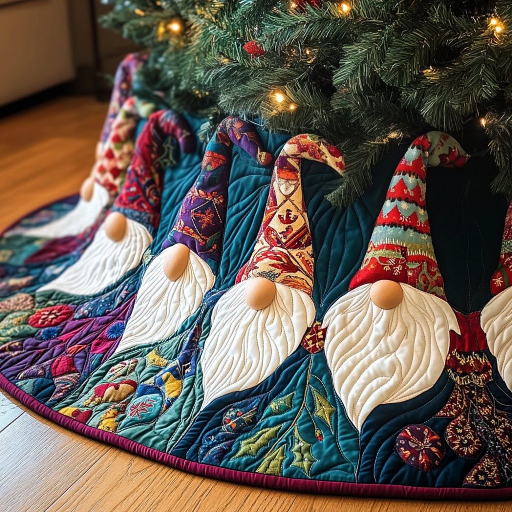 Whimsical Holiday Gnomes Tree Skirt - Personalized Gnome Christmas Tree Skirt, Handmade Cute Holiday Decor