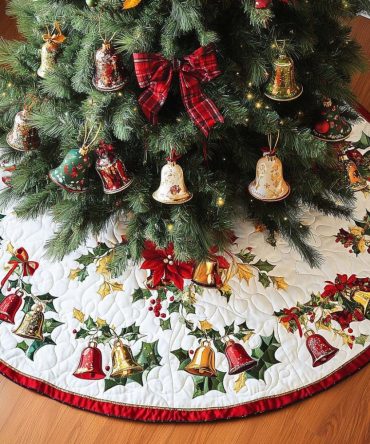 Golden Bells Holly Border Christmas Tree Skirt — Elegant Metallic Bell Accent Holiday Skirt, Handmade & Gift-Ready Custom Sizes