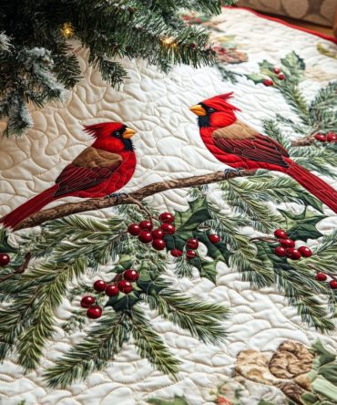 Cardinal Pair Pine Bough Christmas Tree Skirt — Elegant Red Bird Holiday Skirt, Custom Handmade Rustic Decor & Gift-Ready