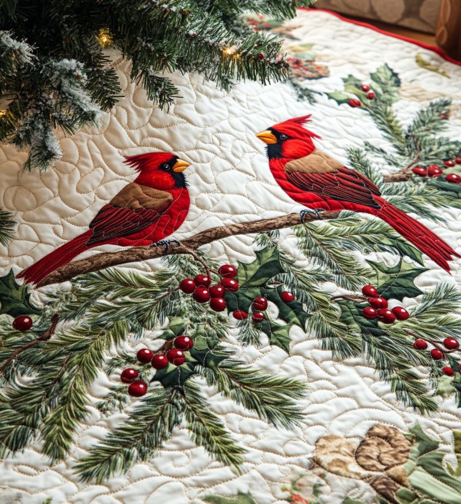 Cardinal Pair Pine Bough Christmas Tree Skirt — Elegant Red Bird Holiday Skirt, Custom Handmade Rustic Decor & Gift-Ready