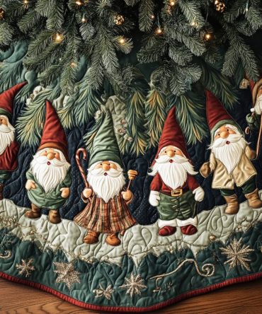 Forest Gnome Line Pine Christmas Tree Skirt — Whimsical Gnome Border Holiday Skirt, Handmade Forest Pines Decor & Gift-Ready