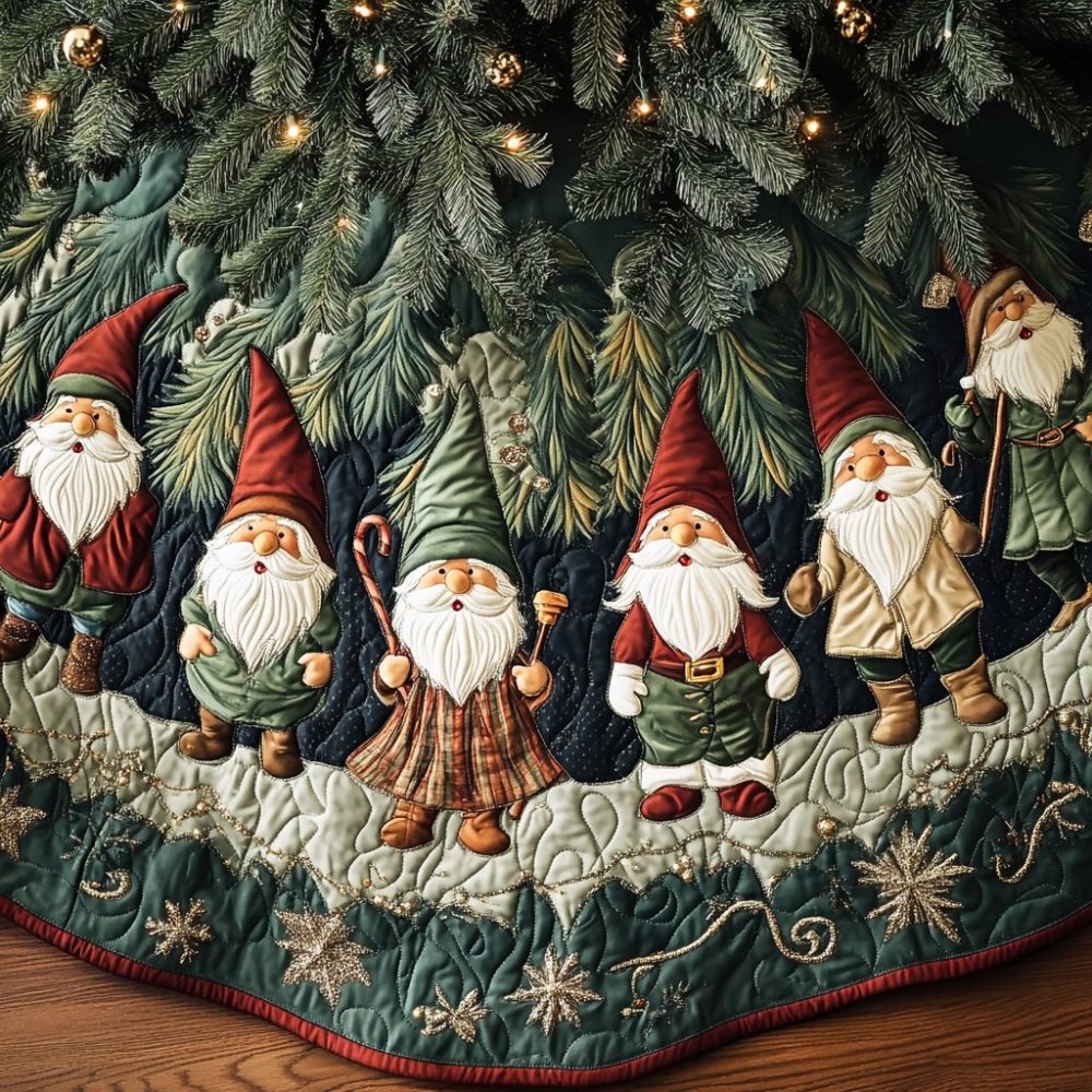 Forest Gnome Line Pine Christmas Tree Skirt — Whimsical Gnome Border Holiday Skirt, Handmade Forest Pines Decor & Gift-Ready