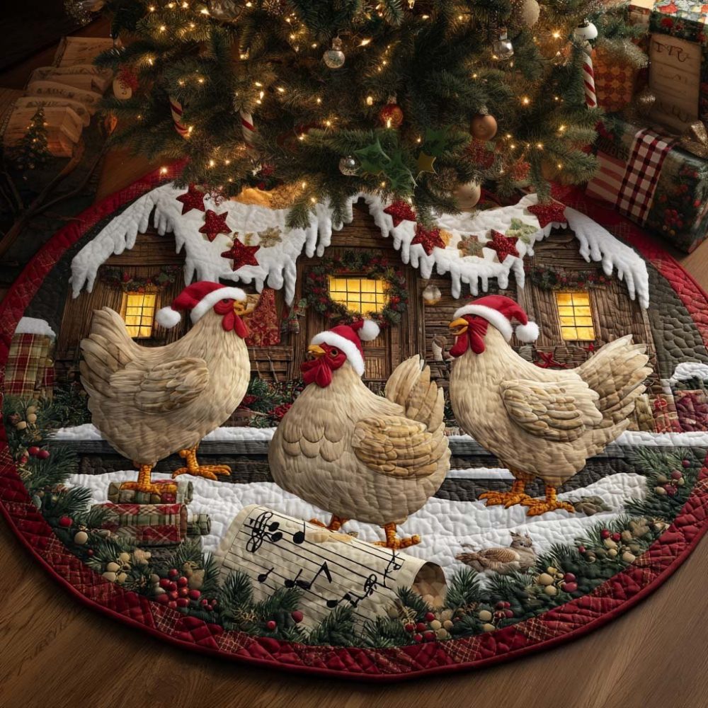 Holiday Hen Trio Christmas Tree Skirt — Farmhouse Hen-Themed Holiday Tree Skirt, Handcrafted & Customizable, Made-To-Order