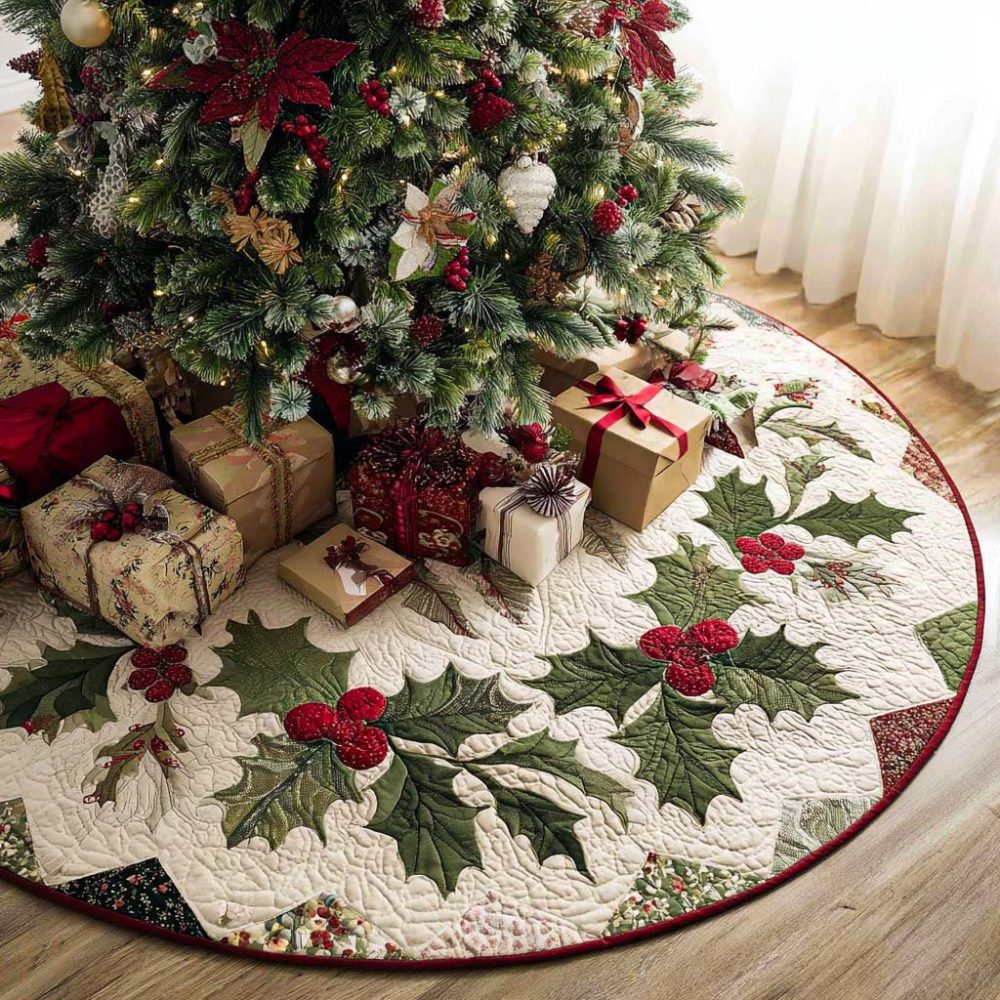 Classic Holly Wreath Tree Skirt — Custom Seasonal Base, Vibrant Holly Print, Velvet Accents, Made To Order For Festive Homes