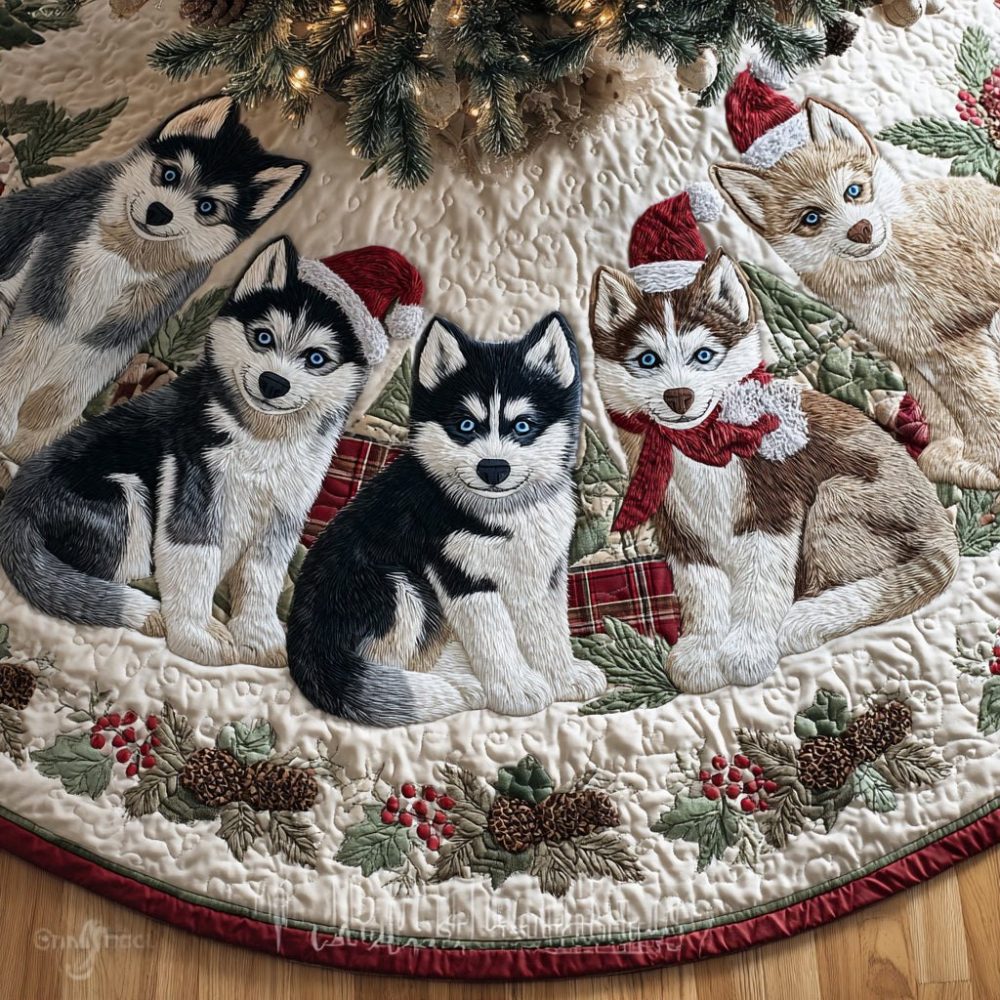 Husky Puppy Pinecone Hem Christmas Tree Skirt — Adorable Dog-Themed Holiday Skirt, Custom Made Cozy Forest Style & Gift-Ready