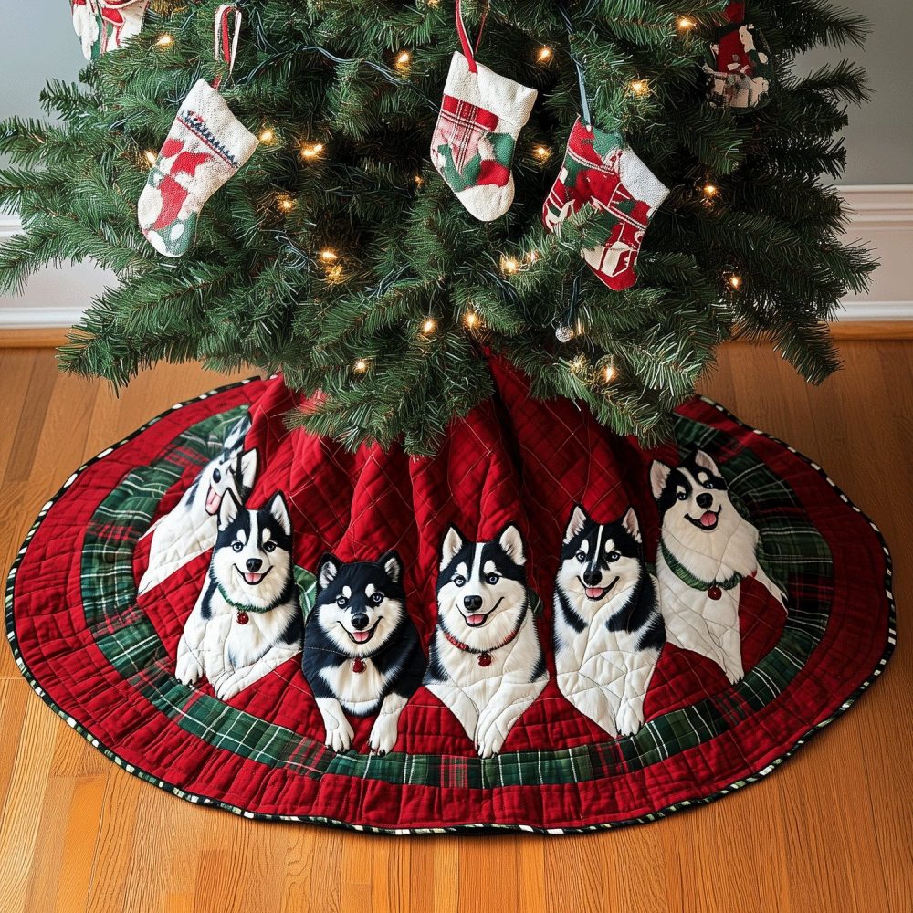 Custom Husky Patch Ring Christmas Tree Skirt — Red Accent Round Holiday Skirt For Dog Lovers, Custom Sizes & Gift-Ready