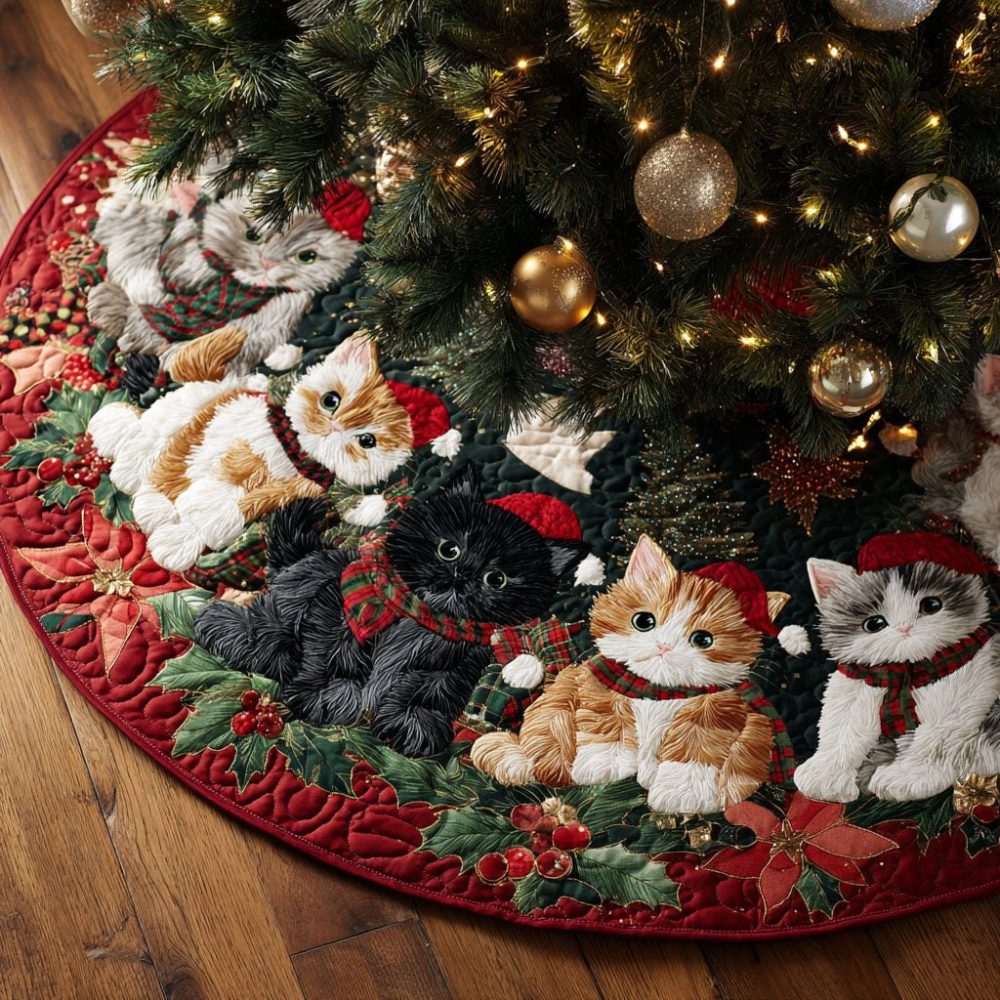 Cute Kittens Holiday Tree Skirt — Custom-Made Cat Lover Christmas Mat, Soft Fleece, Machine Washable, Ideal Gift For Pet Parents