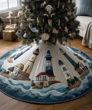 Lighthouse Haven Coastal Tree Skirt — Custom Nautical Holiday Base, Durable Canvas, Machine Washable, Perfect For Seaside Homes