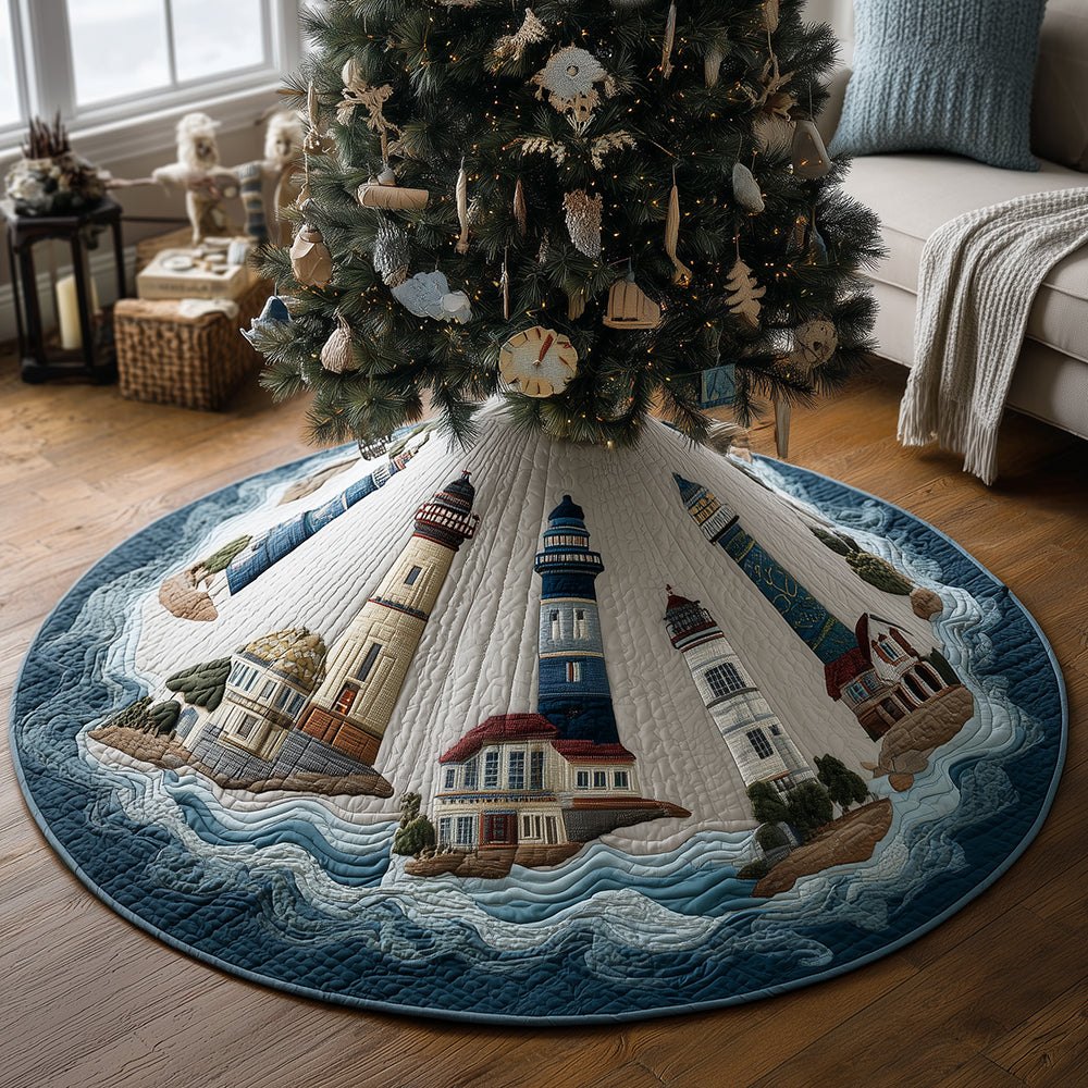 Lighthouse Haven Coastal Tree Skirt — Custom Nautical Holiday Base, Durable Canvas, Machine Washable, Perfect For Seaside Homes