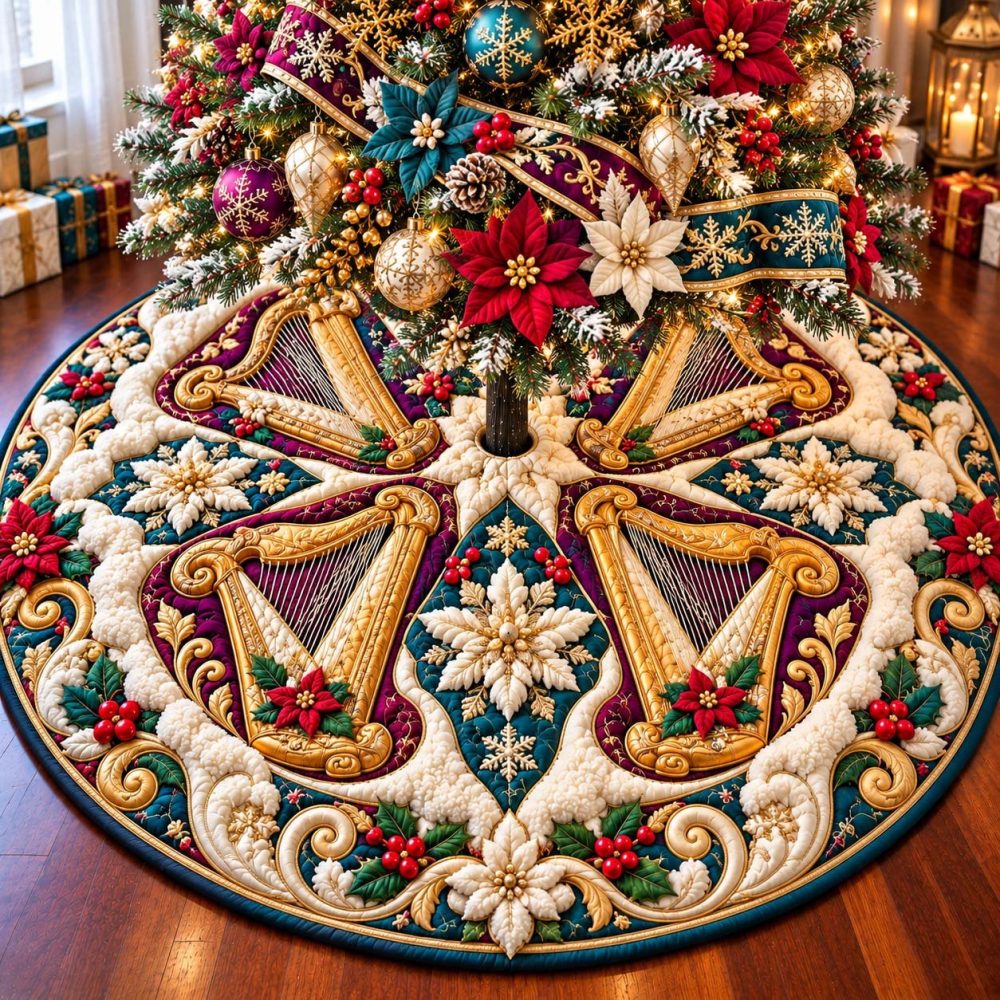 Holiday Orchestra Magic Christmas Tree Skirt - Custom Music-Themed Holiday Decor, Rich Fabrics & Personalized Monogram Option