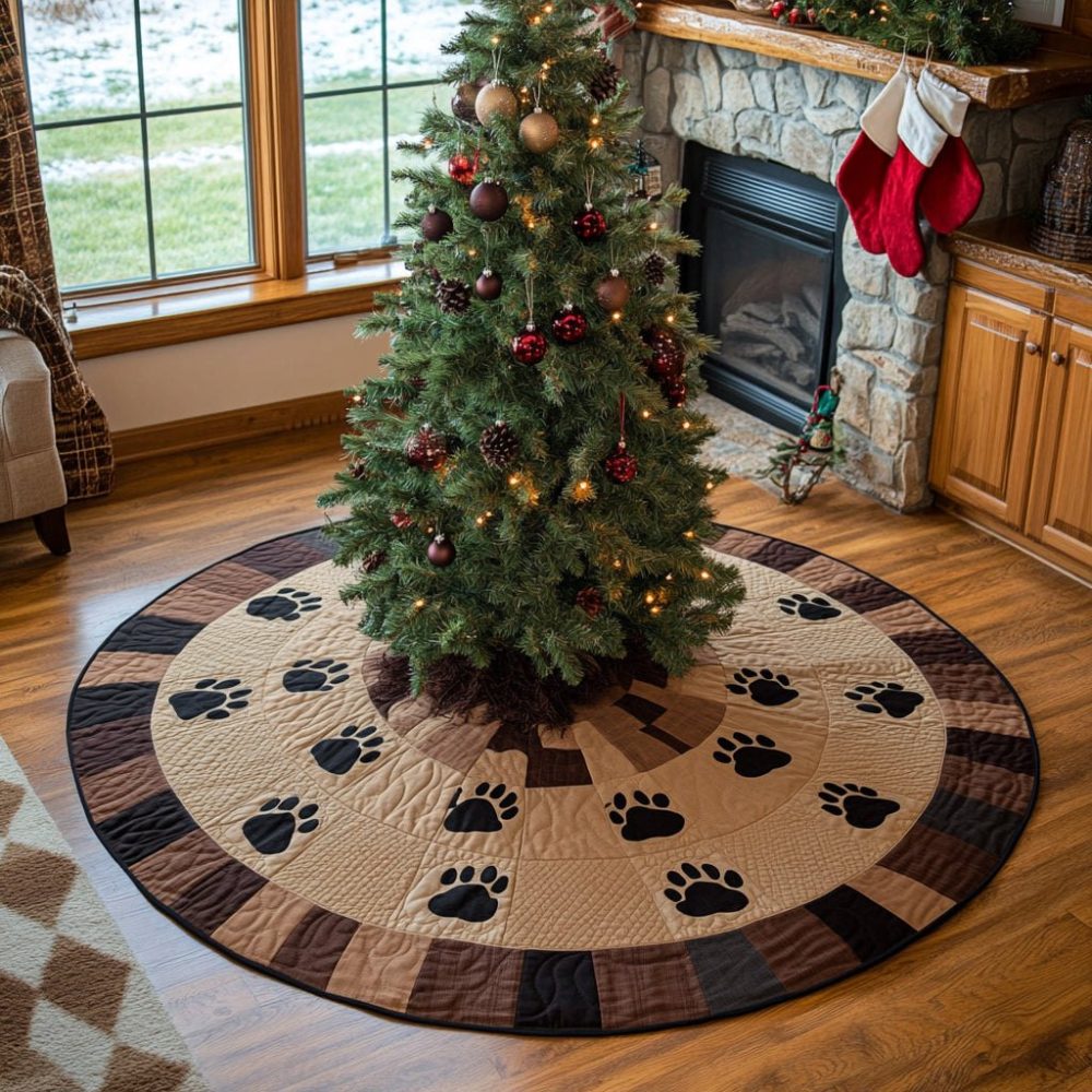 Pet-Friendly Paw Trail Tree Skirt — Custom Holiday Mat, Machine Washable, Durable Polyester Blend, Cute Paw Print Design