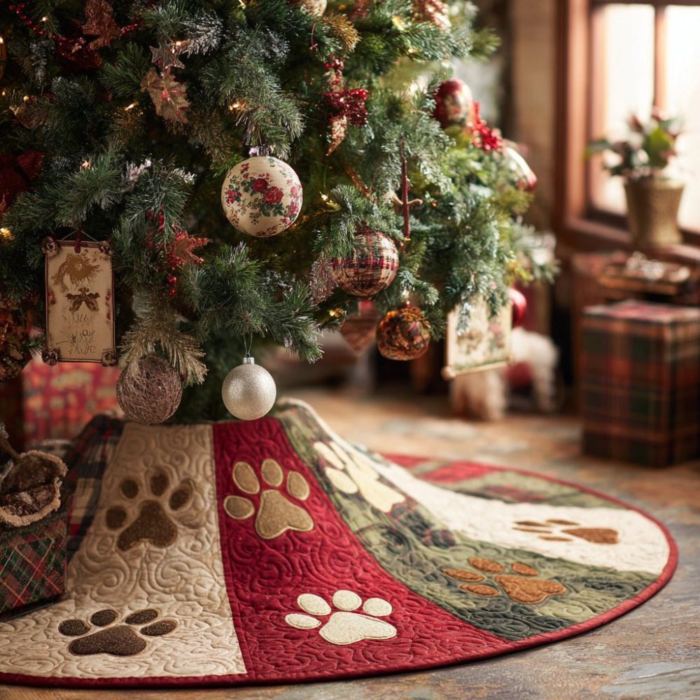 Cream Paw Print Christmas Tree Skirt — Neutral Pet-Friendly Holiday Skirt, Custom Sizes & Gift-Ready