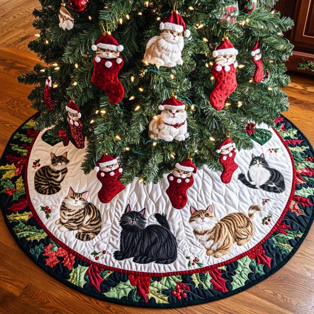 Playful Cats In Stockings Christmas Tree Skirt — Holly Rim Pet-Themed Holiday Skirt, Custom Sizes & Gift-Ready