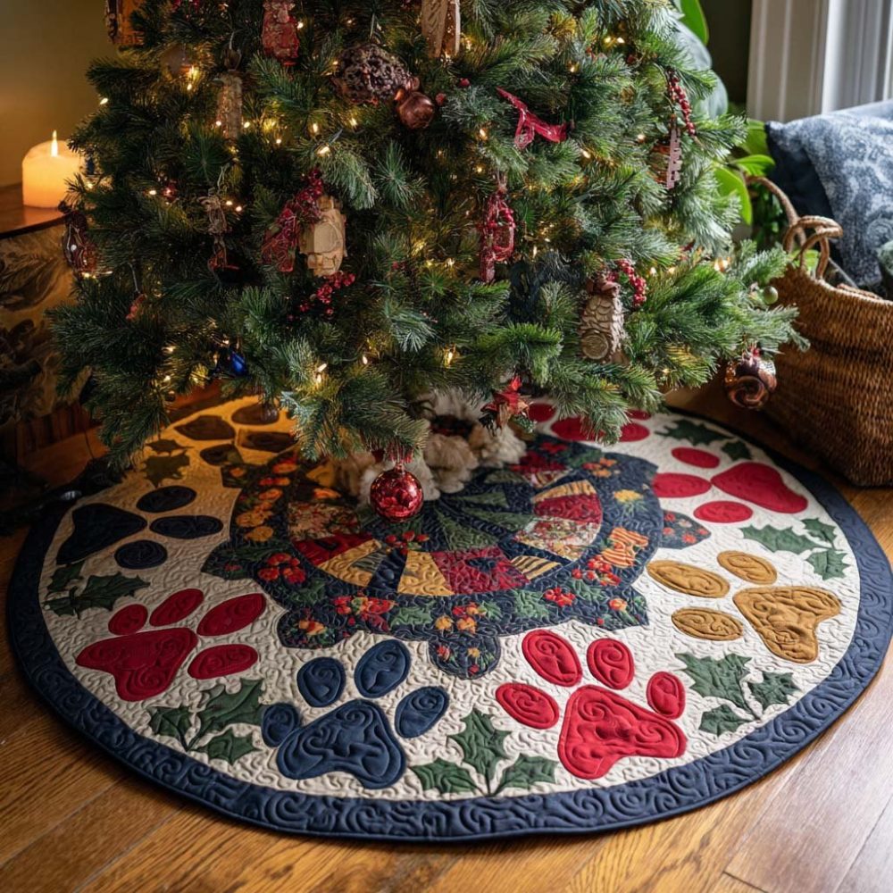 Paw Print Patchwork Round Tree Skirt — Pet Lover'S Custom Patchwork Design, Handcrafted, Personalized Sizes & Fabric Choices, Made-To-Order, Durable Holiday Mat