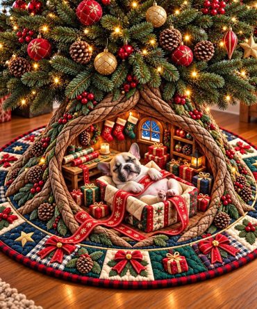Holiday Puppy Christmas Tree Skirt — Custom Handmade Dog Lover'S Tree Skirt, Cute Puppy Motif, Soft Velvet, Washable & Giftable