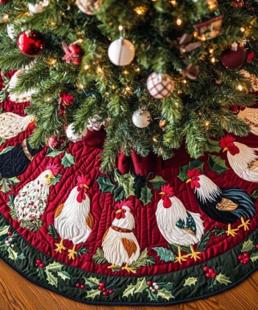 Classic Roosters Holiday Tree Skirt — Made-To-Order Decorative Christmas Skirt With Traditional Rooster Design & Custom Options