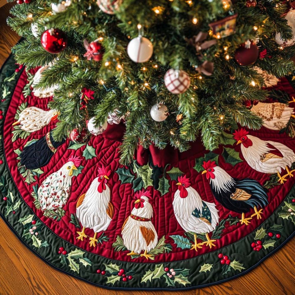 Classic Roosters Holiday Tree Skirt — Made-To-Order Decorative Christmas Skirt With Traditional Rooster Design & Custom Options