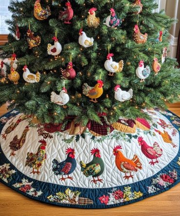 Roosters Delight Custom Tree Skirt — Made-To-Order Country Chic Christmas Skirt With Rooster Motifs & Personalized Trim