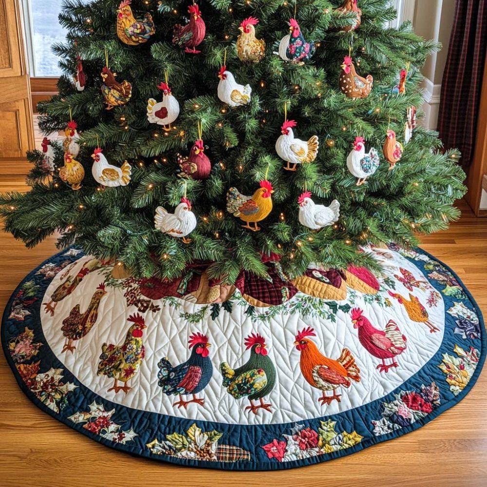 Roosters Delight Custom Tree Skirt — Made-To-Order Country Chic Christmas Skirt With Rooster Motifs & Personalized Trim