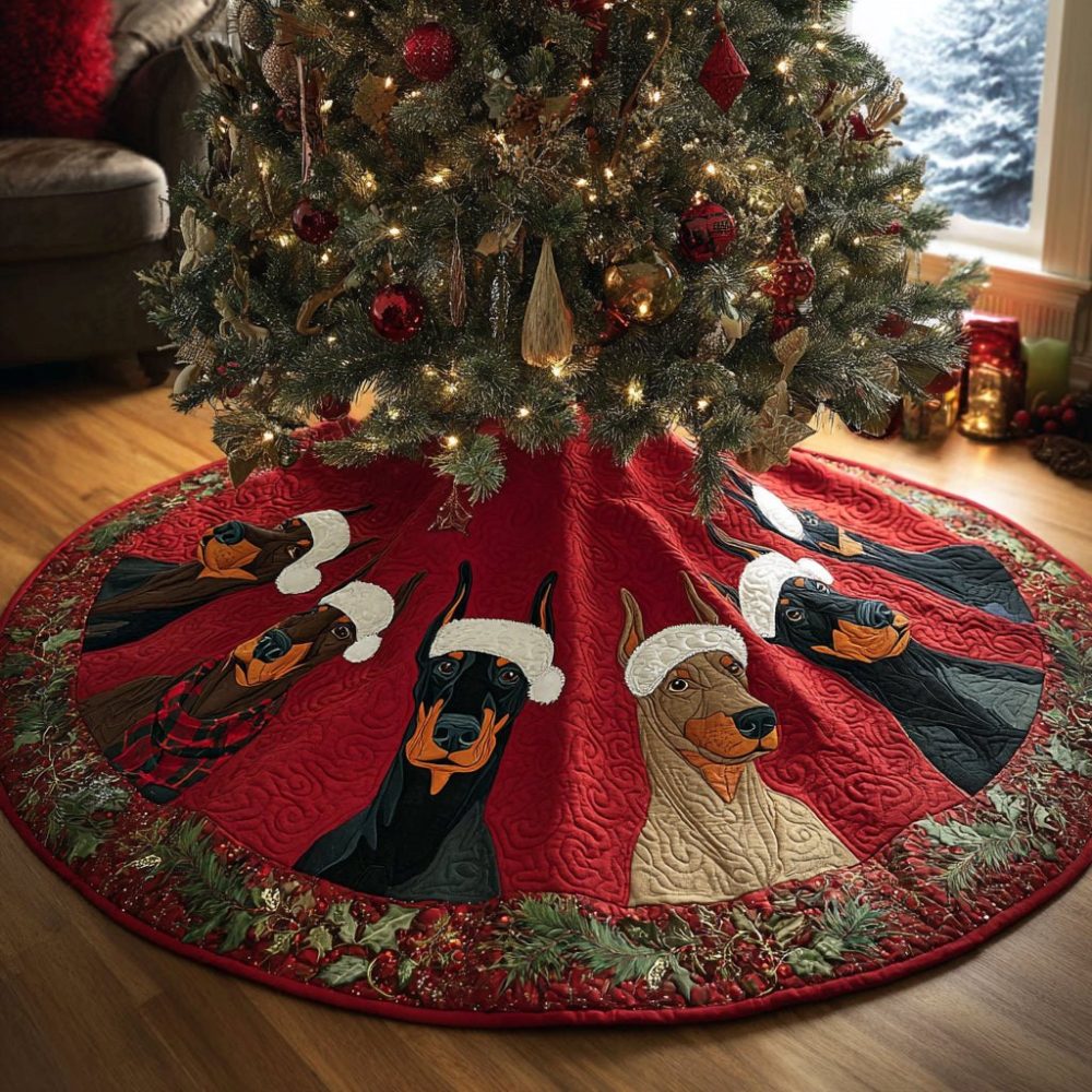 Custom Doberman Santa Hat Christmas Tree Skirt — Red Festive Pet-Themed Holiday Skirt, Custom Sizes & Gift-Ready