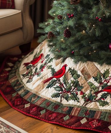 Holiday Songbirds Christmas Tree Skirt — Handcrafted Bird-Themed Holiday Tree Skirt, Custom Color Options, Made-To-Order