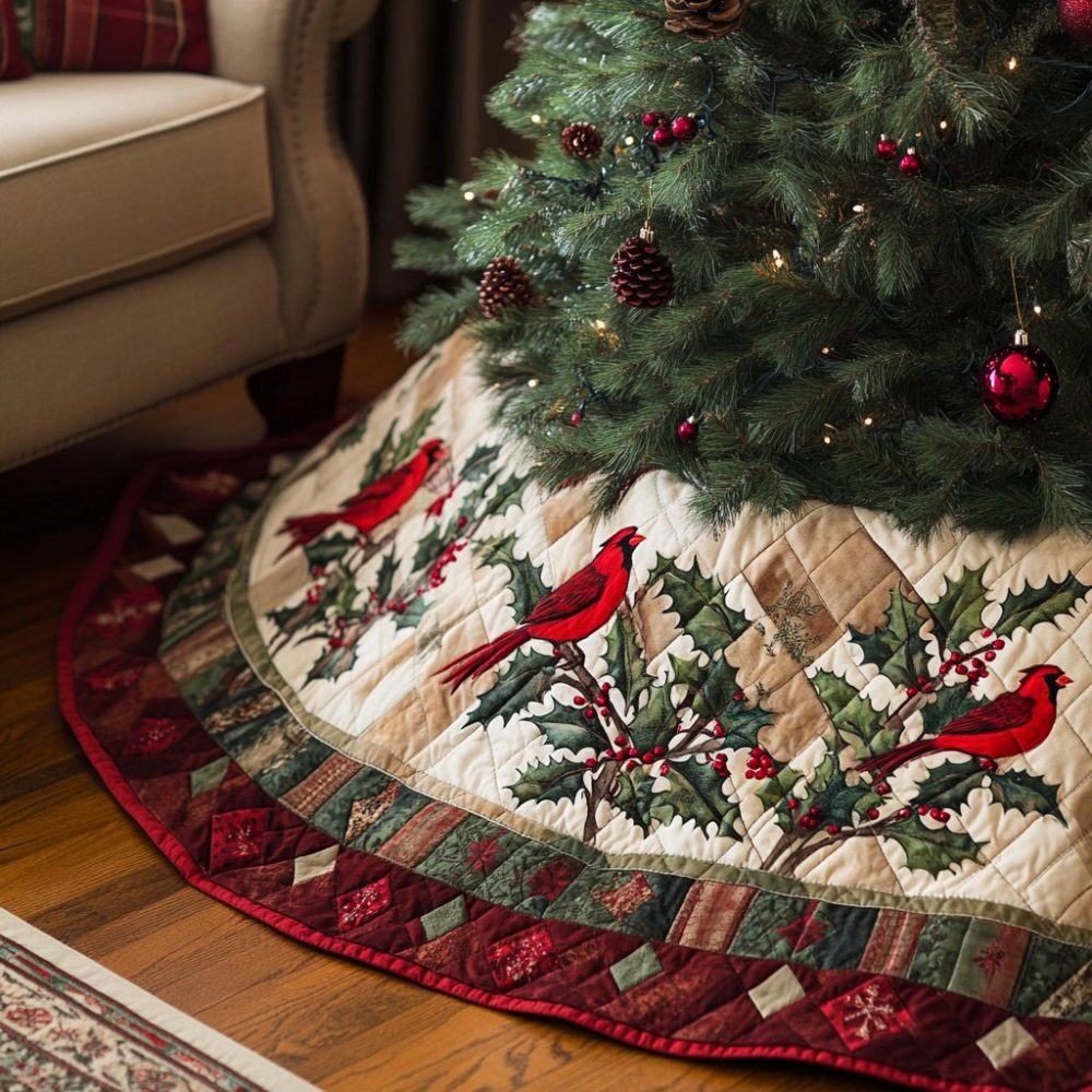Holiday Songbirds Christmas Tree Skirt — Handcrafted Bird-Themed Holiday Tree Skirt, Custom Color Options, Made-To-Order