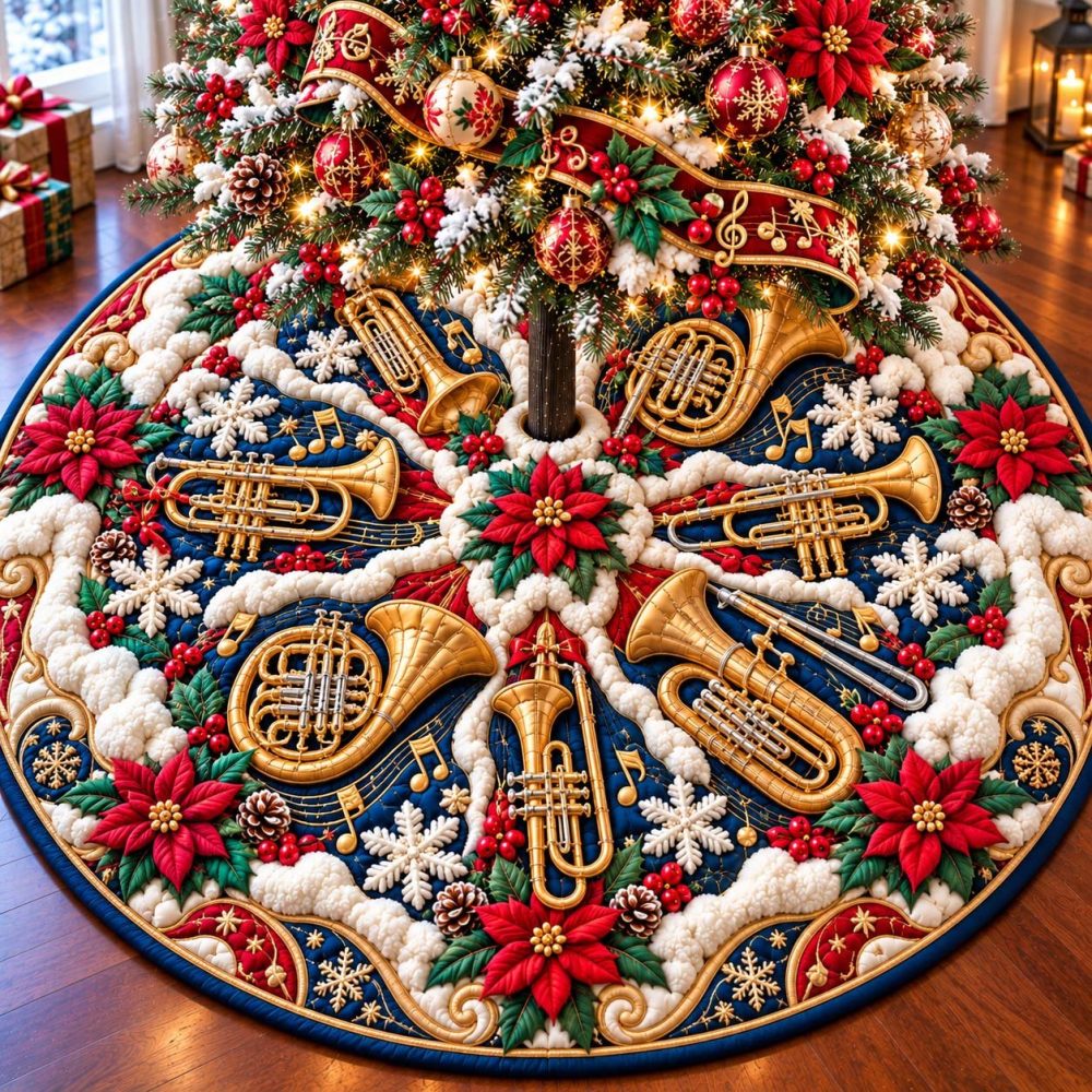Elegant Violin Symphony Christmas Tree Skirt - Custom-Made Holiday Music Decor, Luxurious Fabric & Personalized Fit