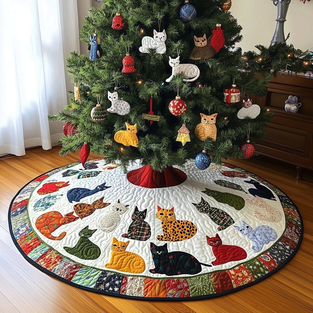 Holiday Whiskers Cat & Kitten Tree Skirt — Made-To-Order Whimsical Feline Holiday Skirt With Custom Options & Soft Backing