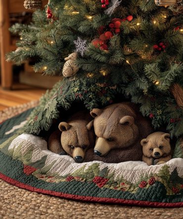 Holly Bear Hideaway Quilted Tree Skirt — Made-To-Order Cozy Bear Design, Custom Sizes & Quilted Backing For Warm Holiday Style