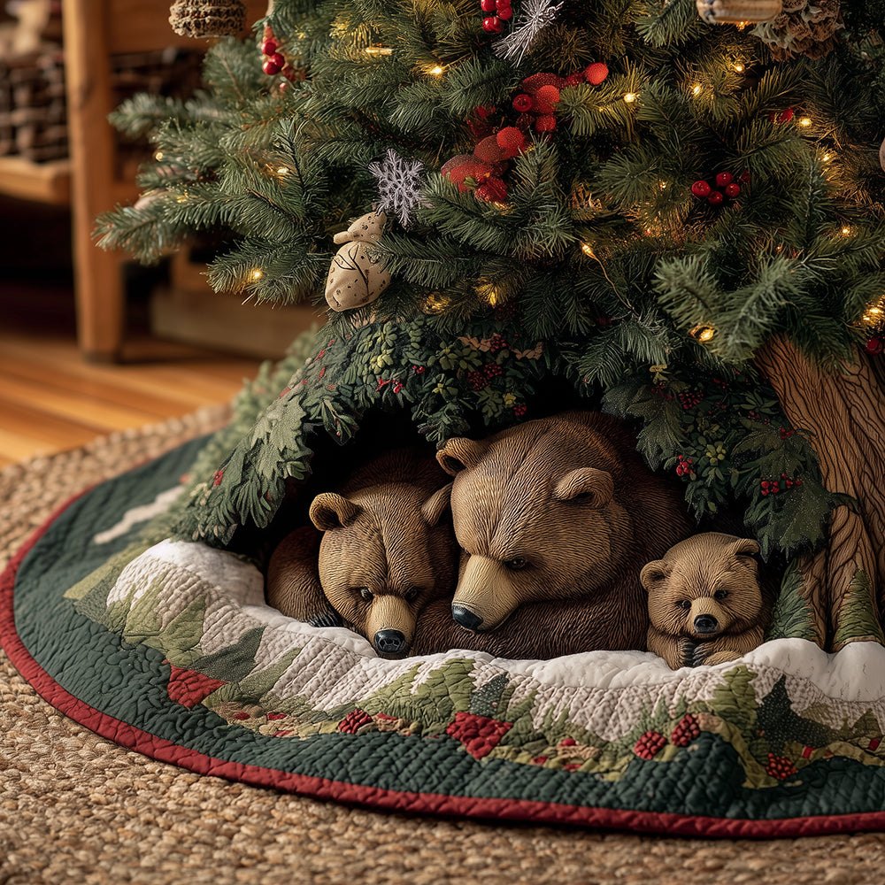 Holly Bear Hideaway Quilted Tree Skirt — Made-To-Order Cozy Bear Design, Custom Sizes & Quilted Backing For Warm Holiday Style