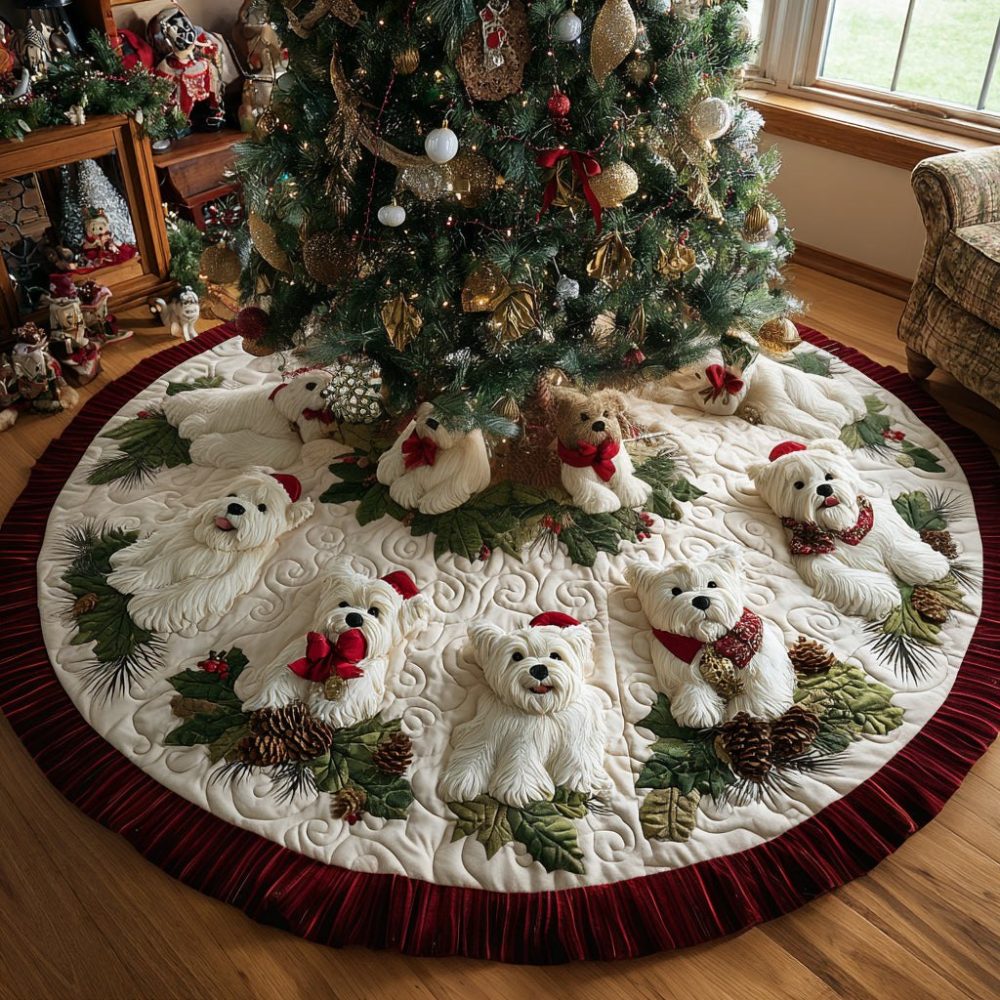 Holly Berry Westie Personalized Tree Skirt — Made-To-Order West Highland Terrier Christmas Skirt With Festive Accents
