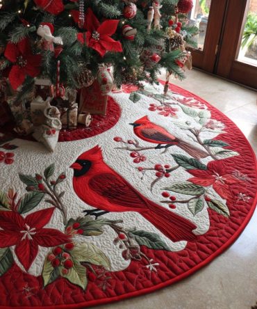 Cardinal & Poinsettia Cream Tree Skirt — Classic Bird And Floral Holiday Skirt, Handcrafted Cream Backdrop, Custom Sizes & Trim, Made-To-Order, Timeless Decor