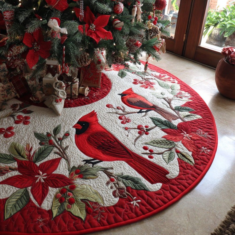 Cardinal & Poinsettia Cream Tree Skirt — Classic Bird And Floral Holiday Skirt, Handcrafted Cream Backdrop, Custom Sizes & Trim, Made-To-Order, Timeless Decor