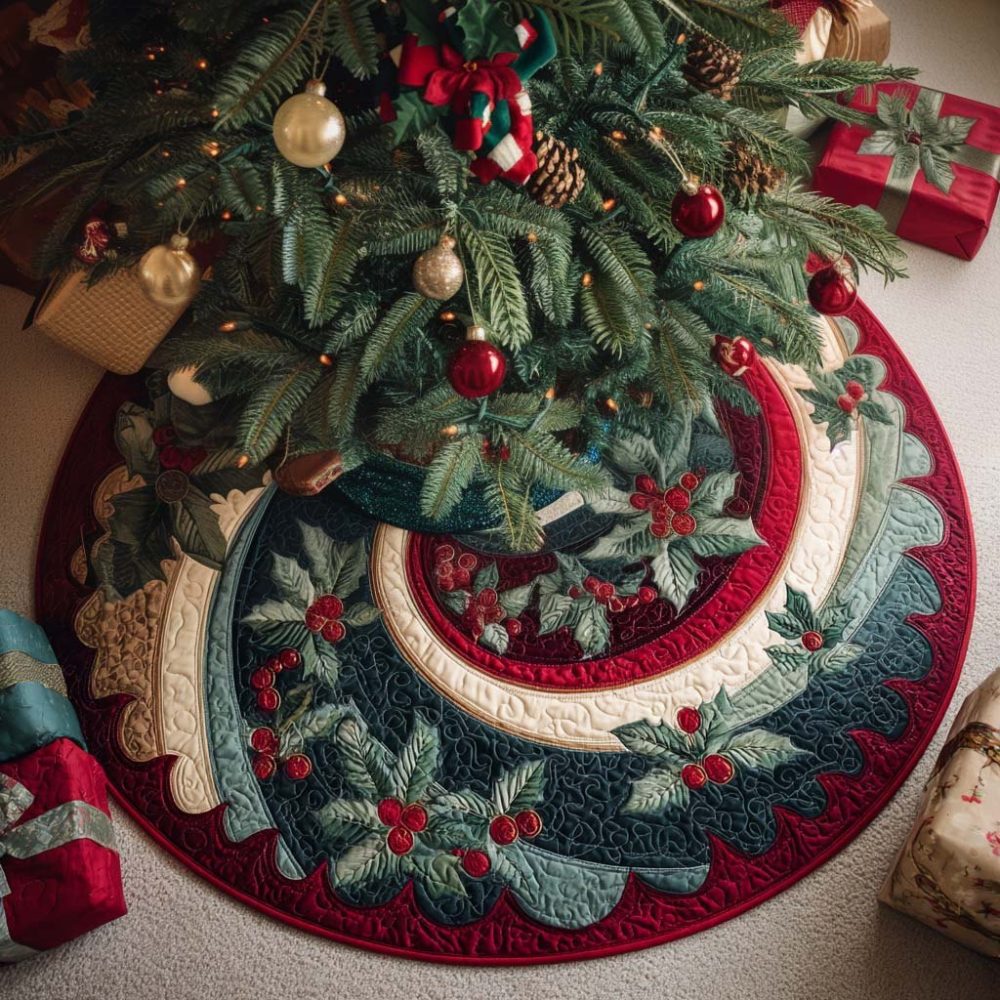 Holly Swirl Fan Ivory Tree Skirt — Classic Holly Motif On Cream, Handcrafted Fan Design, Custom Sizes & Trim, Made-To-Order, Elegant Holiday Base