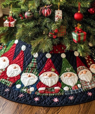 Santa Gnome Wedge Panel Tree Skirt — Playful Santa & Gnome Holiday Design, Custom Handcrafted Panels, Personalized Sizes, Made-To-Order, Fun Christmas Accent