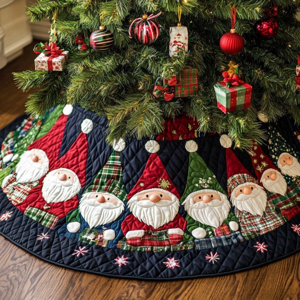 Santa Gnome Wedge Panel Tree Skirt — Playful Santa & Gnome Holiday Design, Custom Handcrafted Panels, Personalized Sizes, Made-To-Order, Fun Christmas Accent